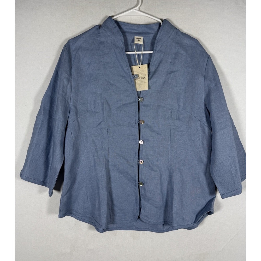 NWT Lintico Shirt Womens Large Blue Linen Button Front Blouse Capsule Minimalist